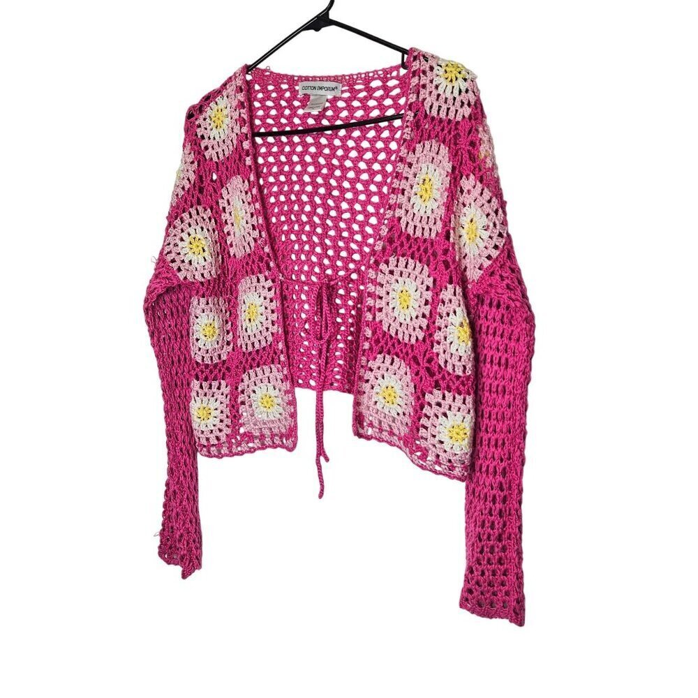 Cotton Emporium Granny Square Crocheted Pink Daisy‎ Floral Cardigan M